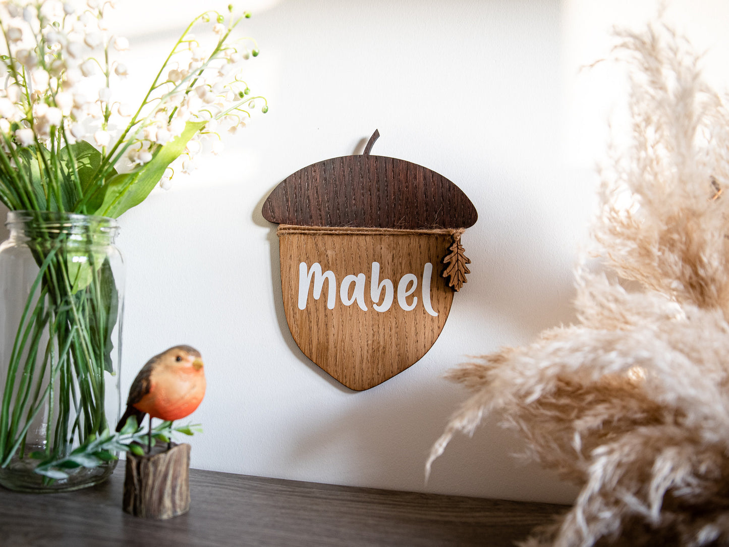Nursery Name Sign | Personalised Wooden Name Sign | Children’s Door Sign | Playroom Decor | Wooden Acorn | Newborn Baby Gift | Woodland