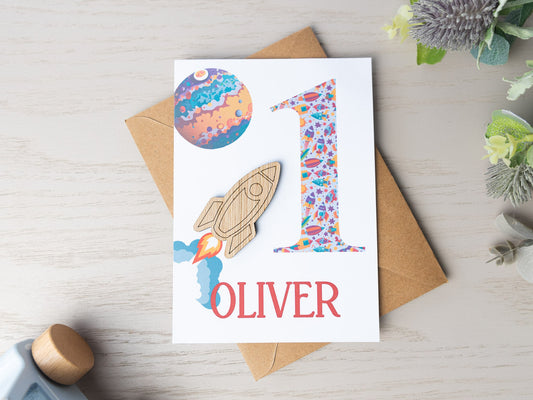 Personalised Boys Birthday Card, First Birthday Card for Brother Son Grandson Nephew Godson, Happy Birthday Card For Kids Space Theme Rocket