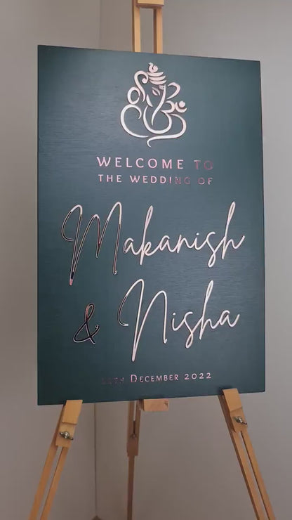 Wedding Welcome Sign Acrylic, Hindu Wedding, Ganesha, Welcome To Our Wedding, Modern Gold Acrylic, Personalised Wedding Decoration, A1 A2 XL