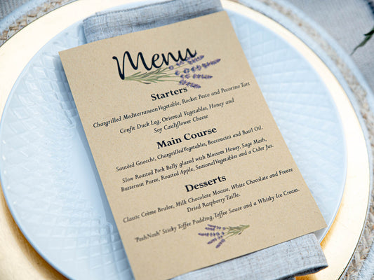 Personalised Paper Wedding Menu | Lavender | Botanical | Dining | Wedding Breakfast | Table Setting | Food | Decoration | Paper Menu